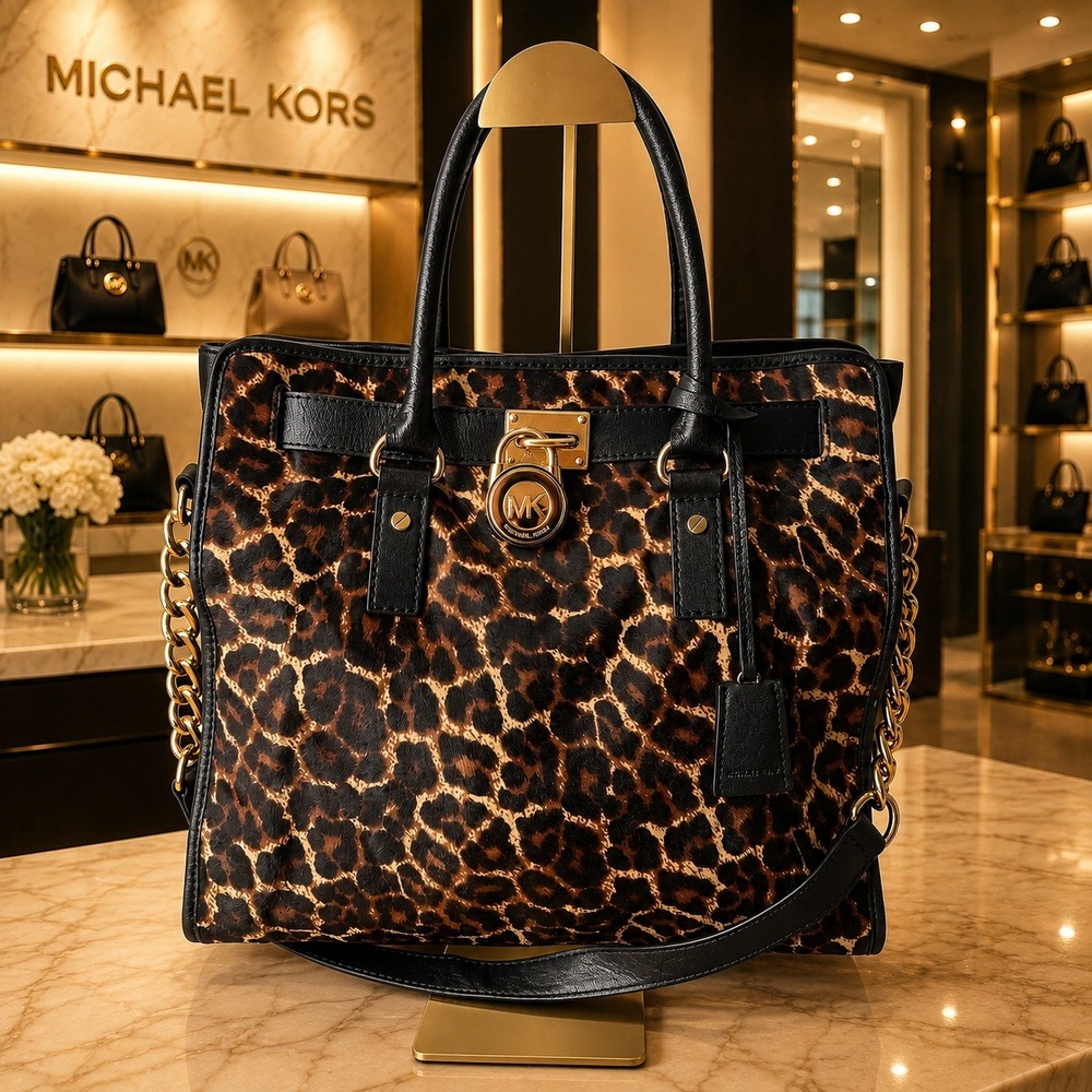 Michael Kors Hamilton Limited Edition Large Leopard Print Hair Calf Tote Black
